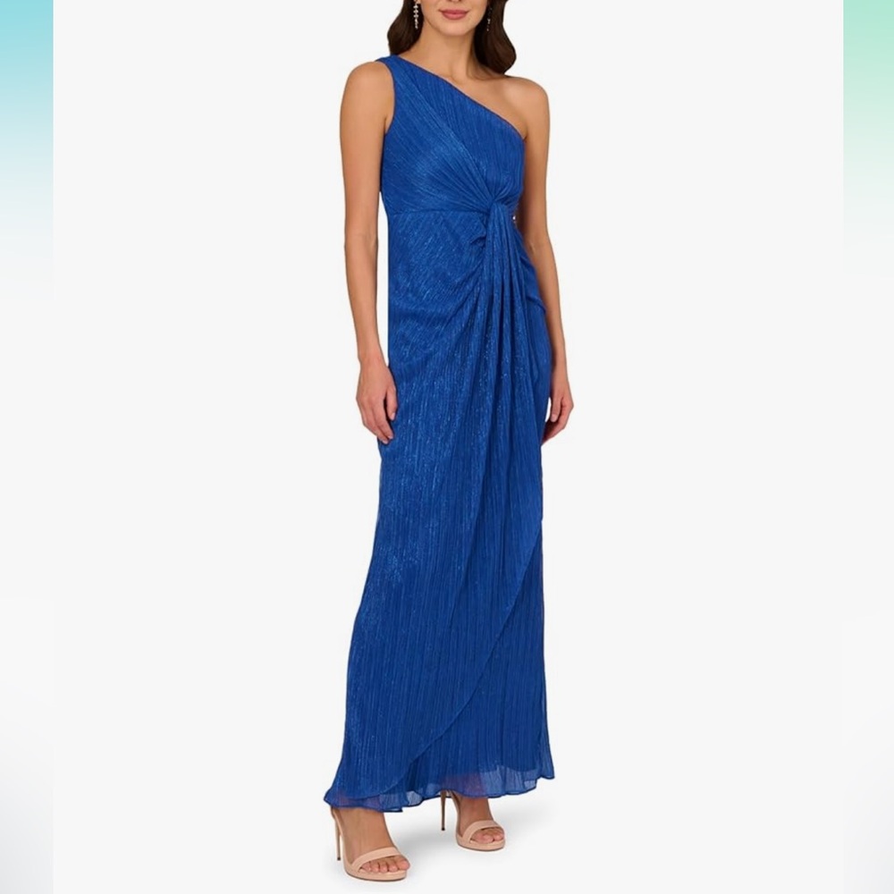 Adrianna Papell Blue Asymmetrical Ruched Gown